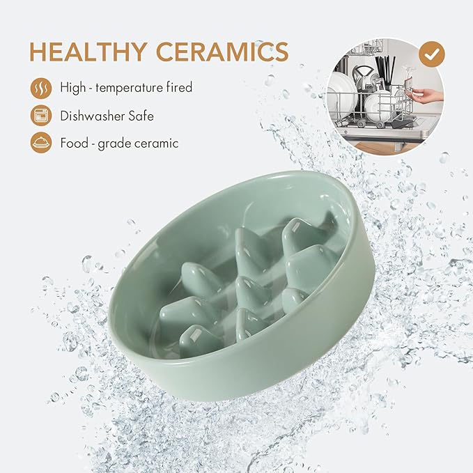 6.1inch Dog Bowl Slow Feeder Ceramic, Slow Pet Food Dish for Small Dog and Cat, Stop Bloat, Preventing Choking(Single Bowl, Beige)