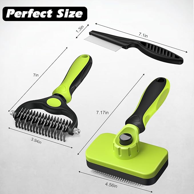 3PCS Self Cleaning Slicker Brush & Pet Grooming Rake & Bath Brush for Dogs,Cats and Horses | Double-Sided Dematting Comb & Skin Friendly Deshedding Grooming Tool (J-Green Black)