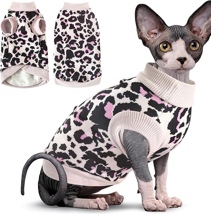 Idepet Cat Clothes Kitten Sweater Soft Kitten Shirt Cute Leopard Print Kitty Vest Pullover Pajamas Jumpsuit Cotton Apparel for Hairless Cats & Puppy (Pink,S)