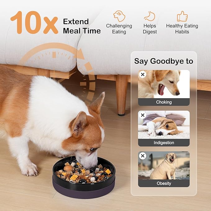 Sted Ceramic Slow Feeding Dog Bowl with Silicone Base, Small Medium Breed, Slow Down Eating, Puzzle Dog Food Bowl, Maze Black