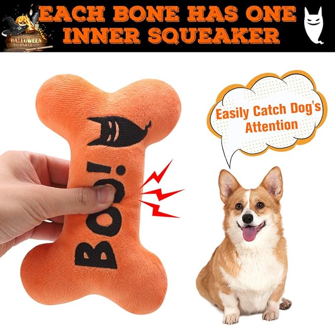 SCENEREAL Dog Squeaky Toy - Halloween Bone Toy 4 Pack - Durable Plush Chew Toys with Squeakers Interactive Game Suitable for Small Medium Dogs