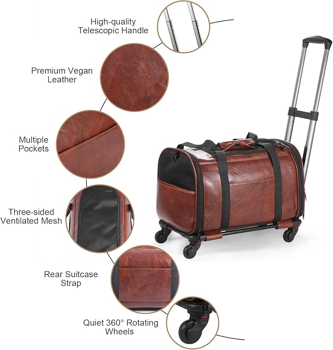 Leather Pet Carrier with Wheels, Airline Approved Travel Bag for Small Dogs & Cats Under 15 lbs, Rolling Pet Carrier for Airplane, Camping & Outdoor Coffee