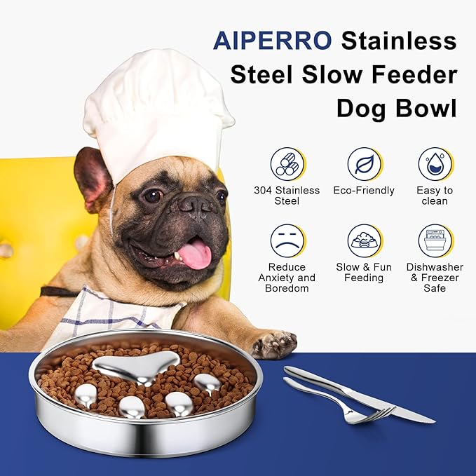 Slow Feeder Dog Bowls 304 Stainless Steel, 2 Cups Metal Food Bowls, Water Bowl for Small & Medium Sized Dogs, Fun Bloat Stop Pet Fast Eaters