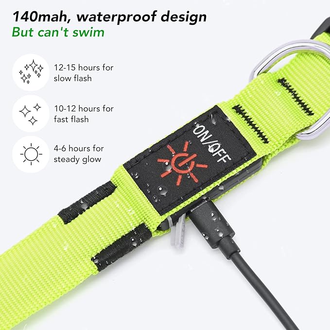 Led Dog Collar - Adjustable, Rechargeable, Waterproof, Glows in Dark for Medium Large Dogs