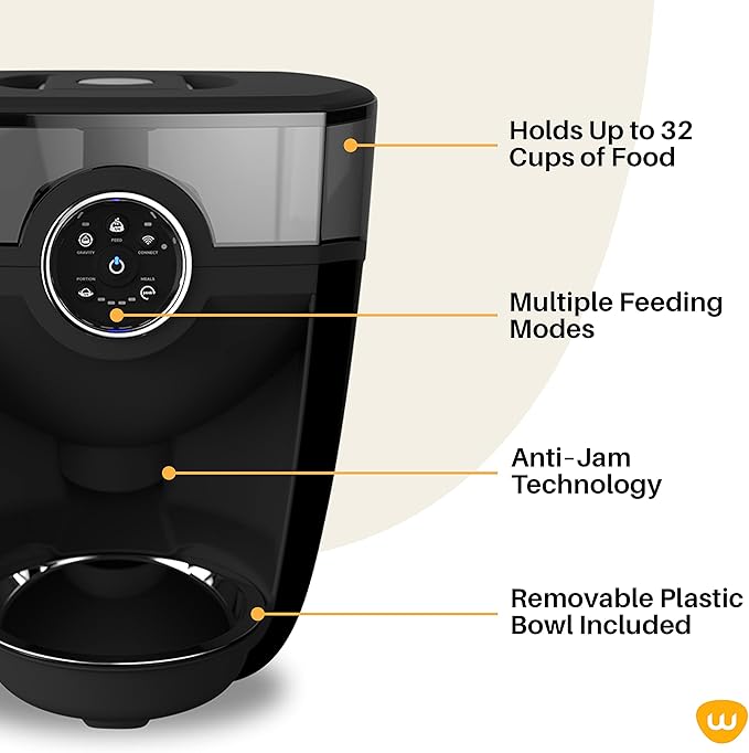 Feeder-Robot by Whisker, Black with Smoke-Grey Hopper; Includes Backup Battery; Smart, Automatic Pet Feeder, Feed Your Cat or Dog from Anywhere, Designed & Assembled in USA
