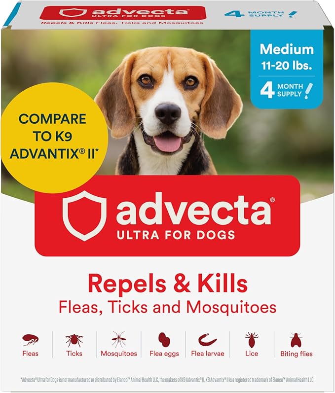 Advecta Ultra Flea and Tick Prevention for Dogs - Medium Dog Flea and Tick Treatment & Control - Mosquito Repellent - Fast Acting Waterproof Topical Drops, 4 Month Supply