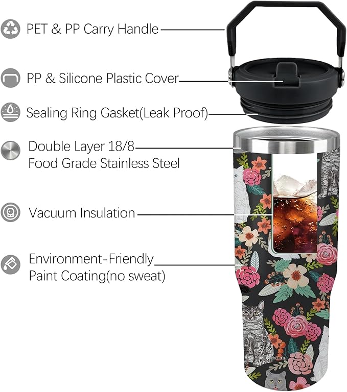 Cat Tumbler with Lid and Straw 30oz Stainless Steel Cute Water Bottle Cup Funny Gifts for Women Girls