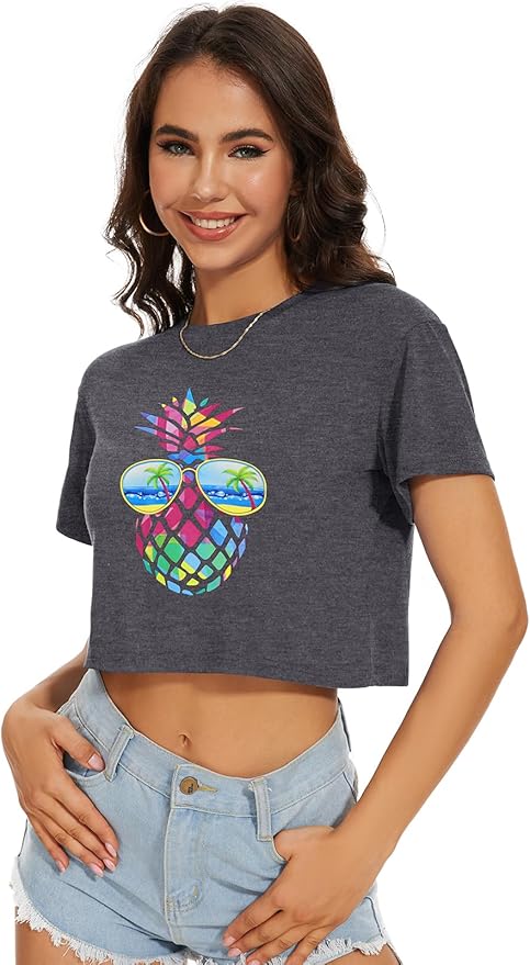 Womens Summer Crop Tops Short Sleeve Round Neck T-Shirts Loose Fit Casual Blouse