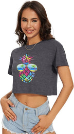 Womens Summer Crop Tops Short Sleeve Round Neck T-Shirts Loose Fit Casual Blouse