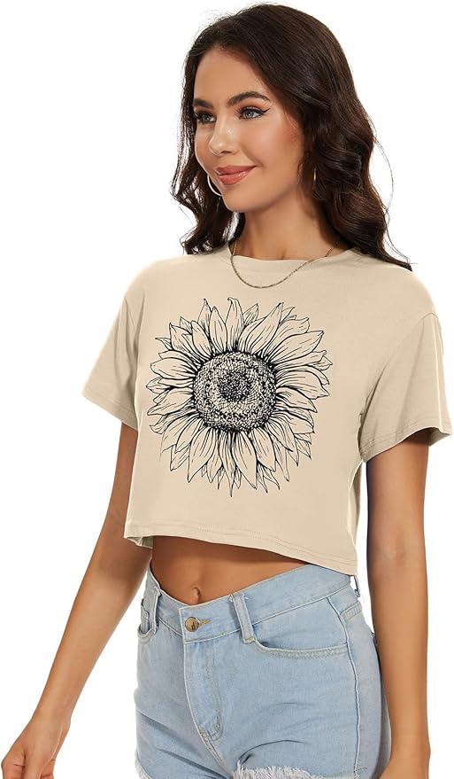 Womens Summer Crop Tops Short Sleeve Round Neck T-Shirts Loose Fit Casual Blouse