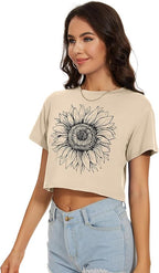 Womens Summer Crop Tops Short Sleeve Round Neck T-Shirts Loose Fit Casual Blouse