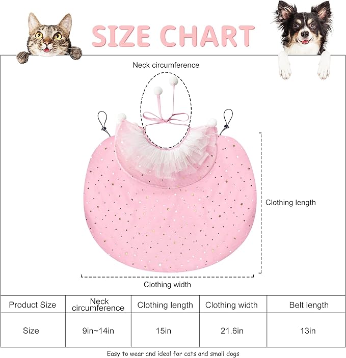 KOUPA Pet Wedding Costume for Cat Small Dogs, Sparkly Cat Clothes Tulle Cloak for Puppy Kitten, Halloween Dog Outfit Suit for Party Holiday Christmas, Pink