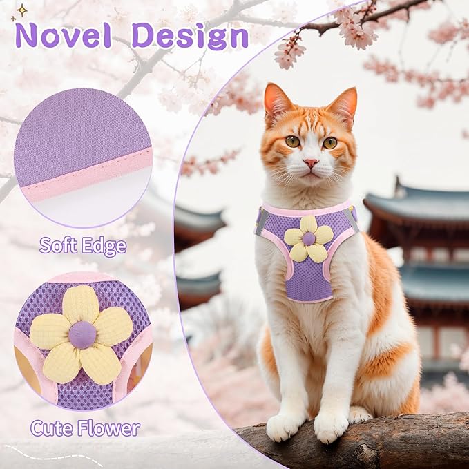 Cat Harness and Leash Set for Walking Escape Proof, Adjustable Kitten Harness Breathable Mesh with Reflective Strips Harness with Flower for Kitty Puppy Bunny Purple S
