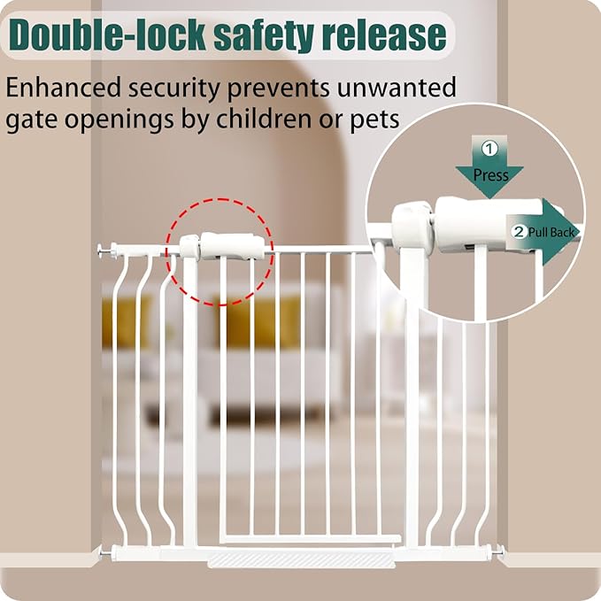 34-38.5 Inch Walk Through Baby & Dog Gate, No Drill Pressure Mounted, Expandable Safety Gate for Kitchen & Living Room, White Metal with Extension Kit