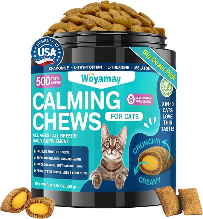 Cat Calming Treats, 500 Crunchy & Creamy Calming Chews for Cats, Natural Calming Cat Treats to Manage Stress & Anxiety, Tasty Calm Chews Supplement, Chicken Flavor