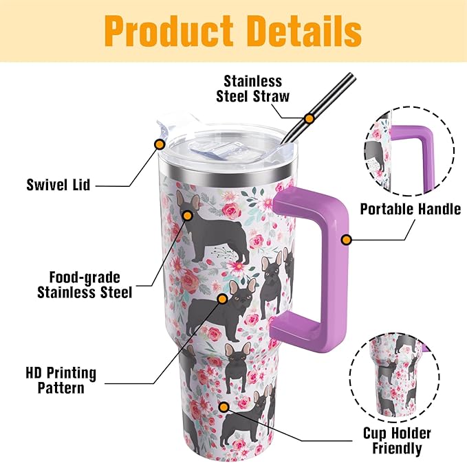 French Bulldog Gifts for Women Dog Lovers 40 oz Floral French Bulldog Tumblers with Handle and Straw, Stainless Steel Vacuum Insulated Travel Coffee Mug Cup Water Bottle
