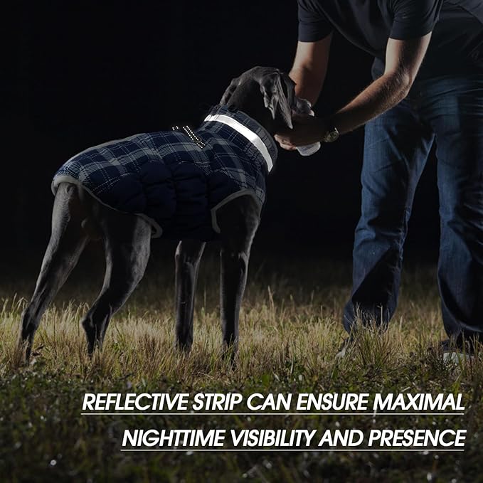 FUAMEY Dog Coat for Medium Dogs,Waterproof Dog Winter Jacket with Harness Built in Puppy Cold Weather Coats Reflective Pet Vest with Zipper Warm Fleece Dogs Snowsuit Windproof Blue Plaid M