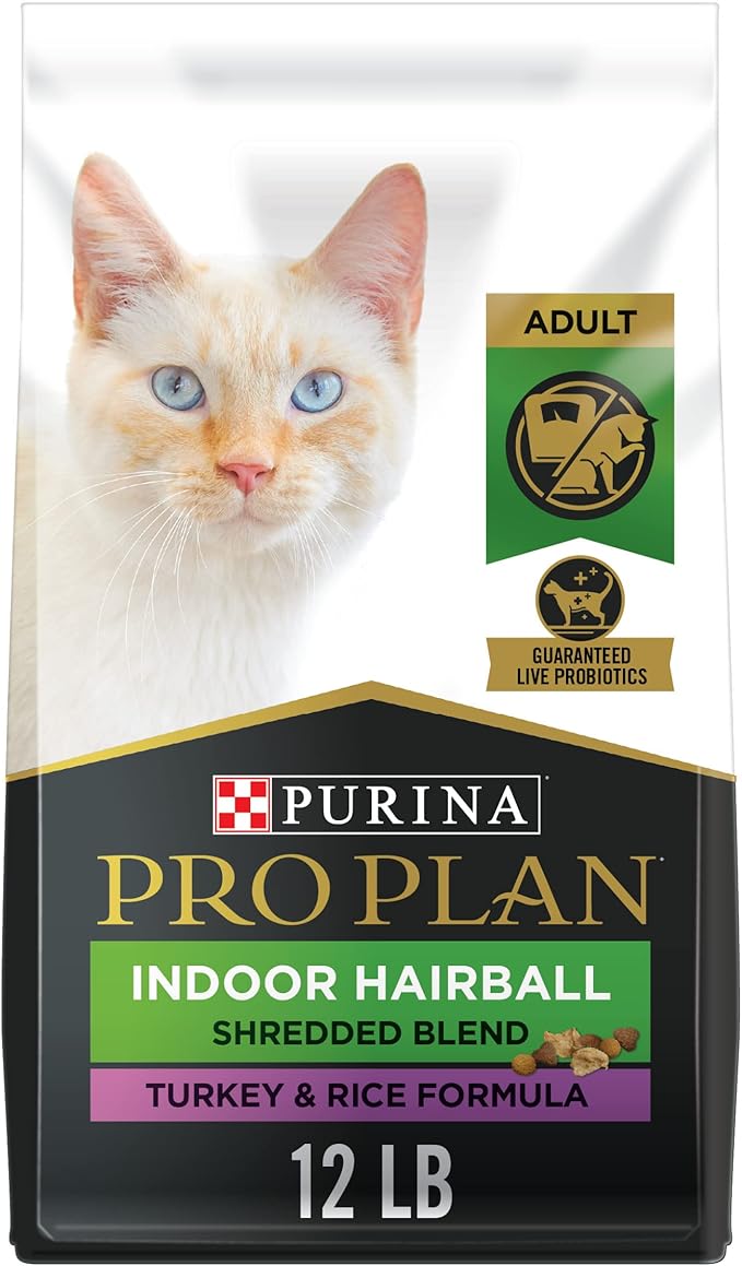 Purina Pro Plan Hairball Management, Indoor Cat Food, Shredded Blend Turkey and Rice Formula - 12 lb. Bag
