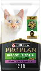 Purina Pro Plan Hairball Management, Indoor Cat Food, Shredded Blend Turkey and Rice Formula - 12 lb. Bag
