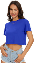 Womens Summer Crop Tops Short Sleeve Round Neck T-Shirts Loose Fit Casual Blouse