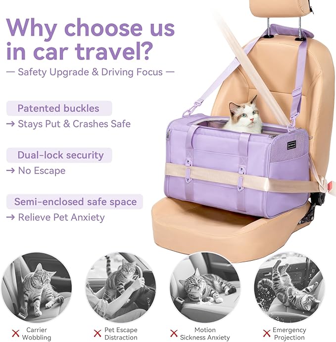 PETSFIT Soft-Sided Cat Carriers & Car Seats with Patent Safe Buckles, Clip-On Harness，19"x12"x12" Pet Travel Carrier - 20 lbs Capacity (Purple)