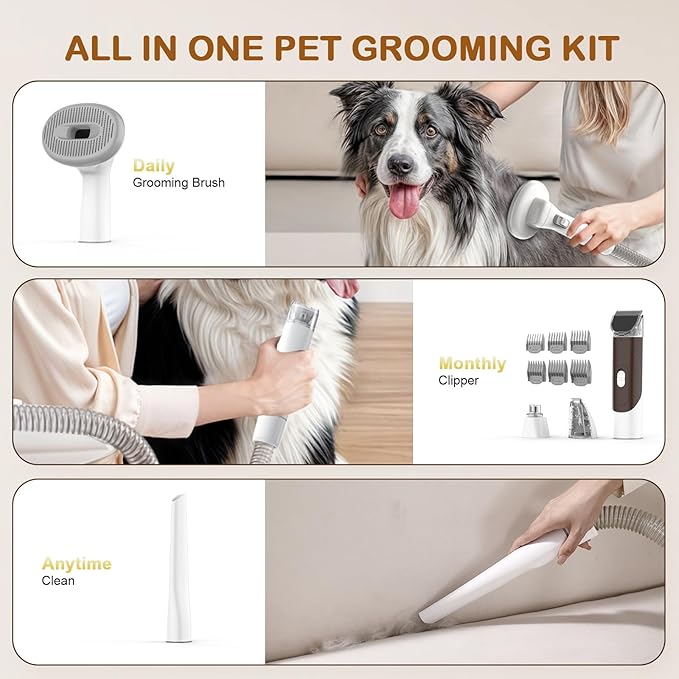 Dog Grooming Vacuum, Dog Grooming Kit with Pet Clipper Nail Grinder, 3 Suction Modes Dog Brush Vacuum with 6 Pet Grooming Tools (Coffee)