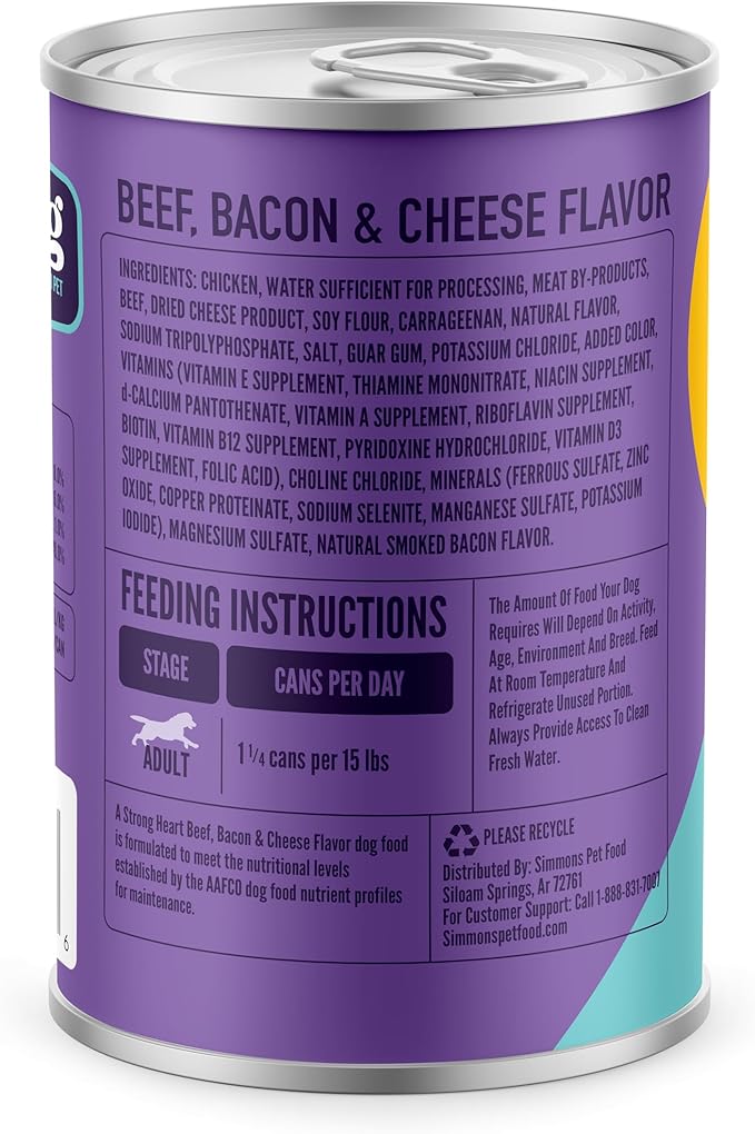A Strong Heart Wet Dog Food, Beef, Bacon & Cheese Flavor - 13.2 oz Cans (Pack of 12), Made in The USA with Real Beef