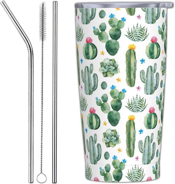 Cactus Tumbler with Lid and Straw, 20 Oz Stainless Cup Steel Insulated Water Bottle Travel Coffee Mug