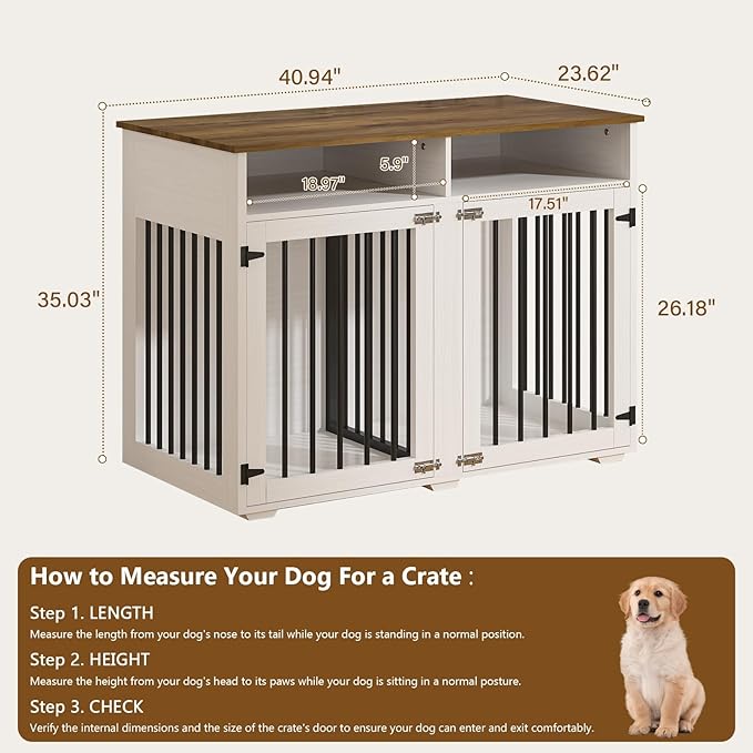 Furniture Dog Crate for Two Dogs, 41 Inch Furniture Style Dog Kennel with Removable Divider and Thickened Desktop, Heavy-Duty Base for Small to Medium Dogs, White