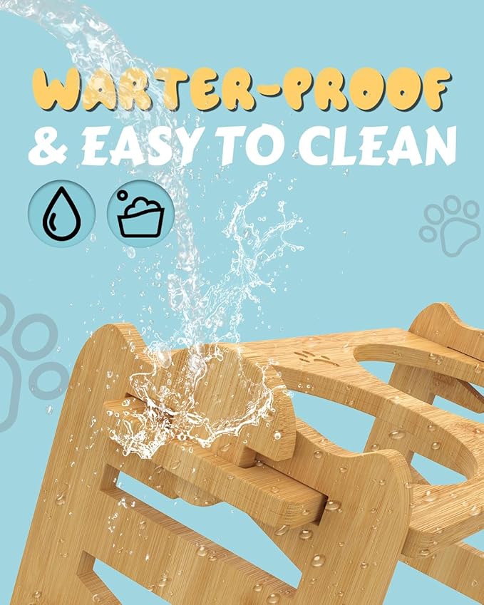 Elevated Dog Bowls, Adjustable Raised Dog Bowl Stand for Small Size Dogs and Cats, 15°Tilted Elevated Cat Bowls, Durable Bamboo Dogs Feeder with 2 Stainless Steel Bowls and Non-Slip Feet