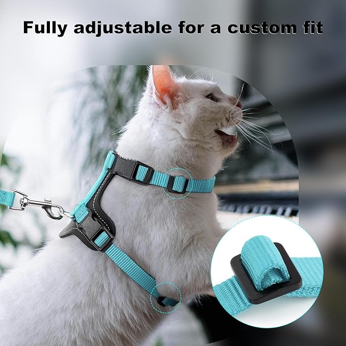 Plutus Pet Adjustable Cat Harness and Leash Set, Quick Release, Escape Proof Nylon Vest with Leather Trim for Kitten, Small Medium Large Cats, Light Blue