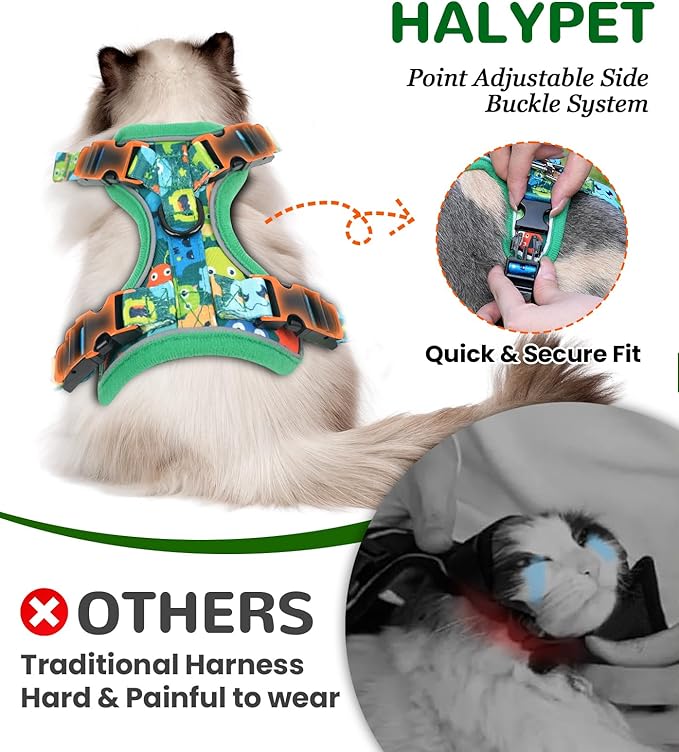 Halypet Cat Harness and Leash Set for Walking, Escape Proof Adjustable Vest Harness with 3-in-1 Integrated Buckles, Easy Control Soft Breathable Mesh with Reflective Strips for Cats, M, Green Monster