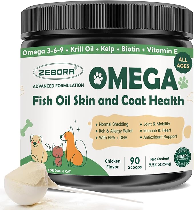 ZEBORA Omega 3 Fish Oil for Dogs, Wild Caught Dog Fish Oil, EPA & DHA, Krill Oil, Kelp, Skin and Coat Supplement, Anti Itch & Shedding, Support Dry Skin, Joint Health, Dog Allergy Relief