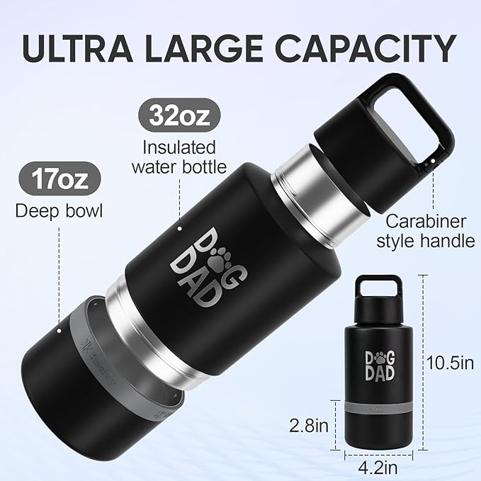 Insulated Dog Water Bottle with Travel Bowl, Portable Water Bottle Dispenser, Accessories for Car, Hiking, Camping, Outdoor, Leak-Proof, Detachable (DogDad-Black)