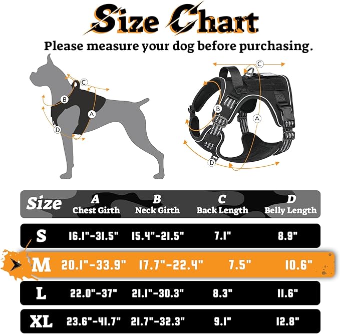 rabbitgoo Dog Harness Medium Sized No Pull, Tactical Service Pet Vest with Molle and Control Handle, Adjustable and Reflective Military Harness for Easy Walking and Training, Black, M