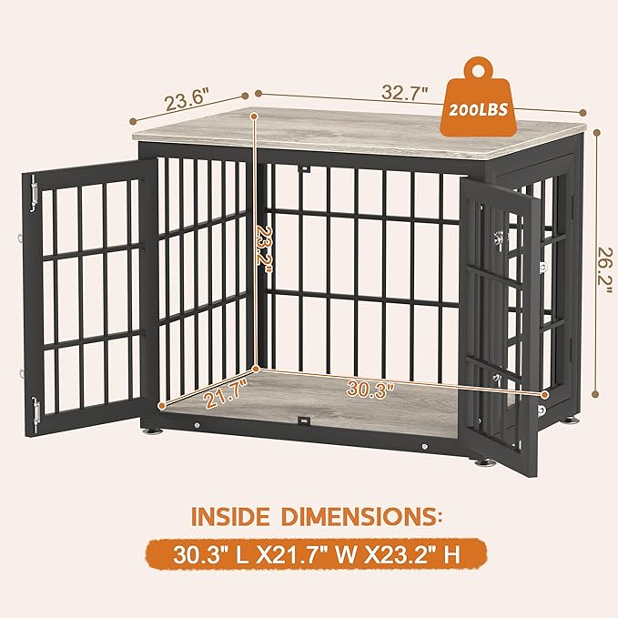 32 Inch Heavy Duty Dog Crate Furniture for Medium and Small Dogs, Decorative Pet House End Table, Wooden Cage Kennel Furniture Indoor, Grey