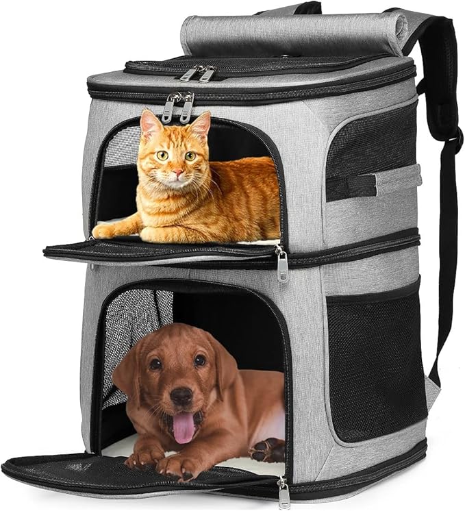 Double Cat Carrier, Cat Backpack Carrier for 2 Cats, Multi Dog Backpack, Two Cat Carrier with 7 Ventilation Windows, Built-in Frame and Support Plate, Safety Straps, Collapsible, Perfect for Travel