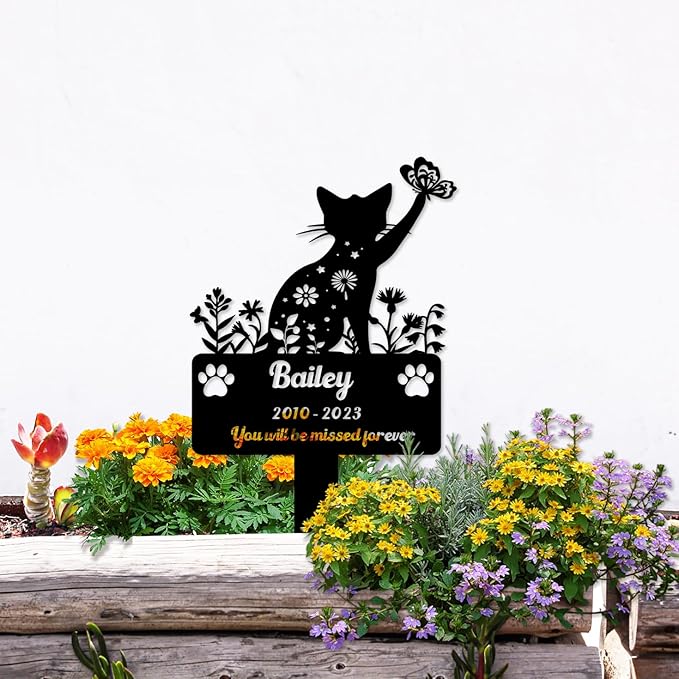 Custom Pet Cat Memorial Grave Marker, Personalized Flowers Cat Memorial Grave Marker Metal Art Cat Remembrance Loss Gift, Customized Butterfly Cat Memorial Engraved Sign with Stake
