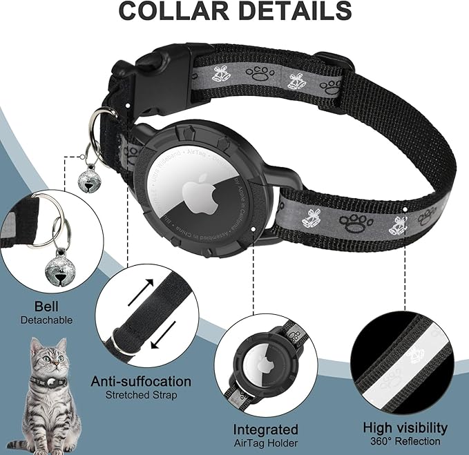 Reflective AirTag Cat Collar, Integrated Cat Tracker Collar with Air Tag Holder and Bell, Safety Elastic Band Cat GPS Collars for Girl Boy Cats, Kittens and Puppies (Black, XS)