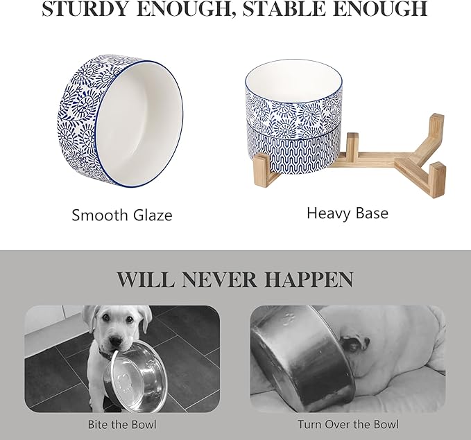 Selamica Ceramic 30 OZ Dog Bowls, Dog Food and Water Bowls with Wooden Stand, Anti-Slip Dog Dishes Set for Cats Small & Medium Sized Dogs, Weighted Pet Bowls Set of 2, Vintage Blue A