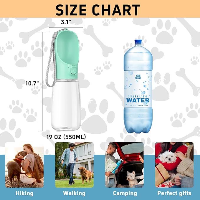 Portable Dog Water Bottle with Bowl, Leak Proof, Convenient for Walking, Hiking and Camping (Green, 19oz)
