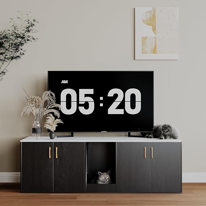 Cat Litter Box Enclosure for 2 Cats,cat Litter Box Enclosure Furniture with Double Room,Stackable,Indoor，Large cat Cabinet,pet House Side Coffee Table,White and Black (Black)