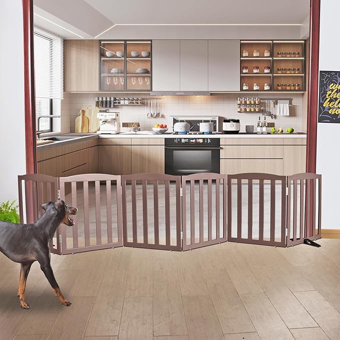 ZJSF Foldable Freestanding Indoor Dog Gate for House Wood Long Pet Gates Dog Fence for Stairs Puppy Gates for Hallways, Puppy Gate,Support Feet Included, Brown, 24 "Height-6 Panels
