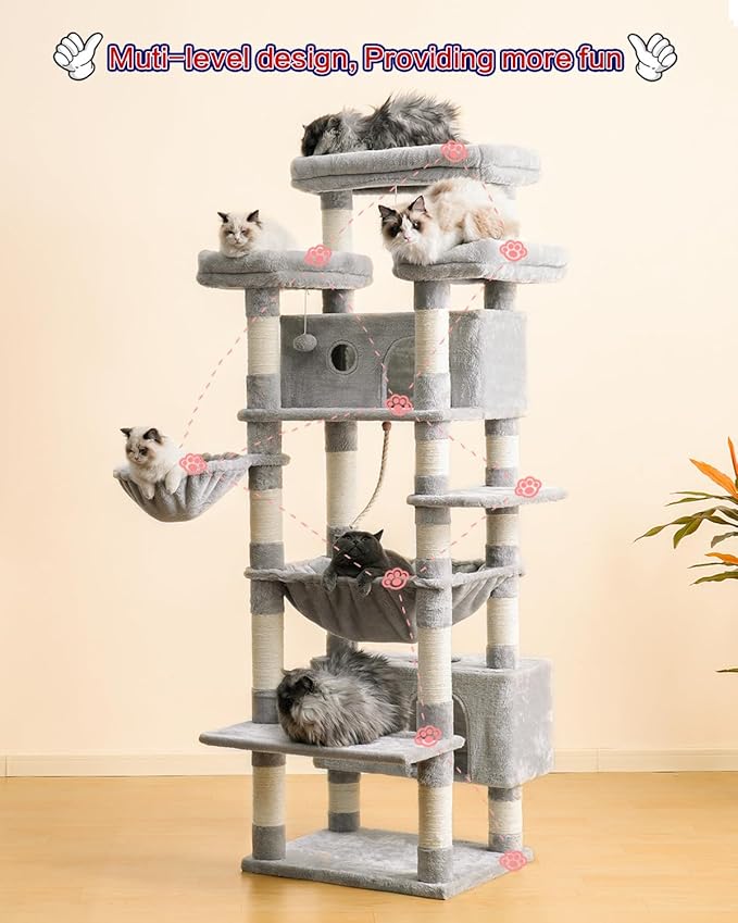 Cat Tree for Indoor Cats Large Adult, 74" Cat Tower with 3 Big Platforms, 2 Baskets, 2 Condos, Multi-Level Cat Scratching Posts, Light Gray GCT030W