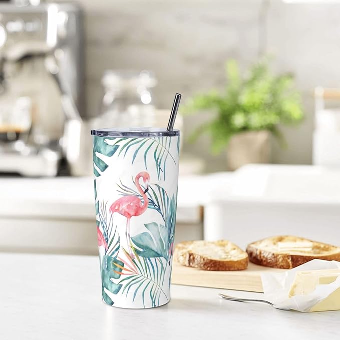 Flamingo Tumbler with Lid and Straw, 20 Oz Stainless Cup Steel Insulated Water Bottle Travel Coffee Mug, Flamingo Gifts for Women