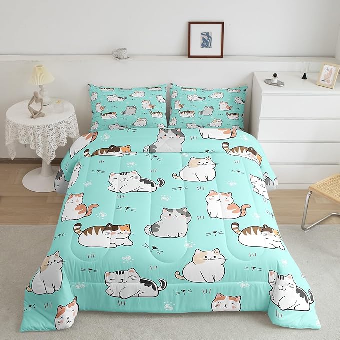 Erosebridal Girls Pink Cat Comforter King Cute Animal Bedding Set for Boys Cartoon Pet Bedding Comforters & Sets Kawaii Kitten Duvet Set for Toddlers Kids Bedroom Microfiber All Seasons Quilt Set 3pcs