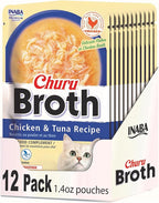 INABA Churu Broth for Cats, Side Dish Pouch, 1.4 Ounces per Pouch, 12 Pouches, Chicken & Tuna Recipe