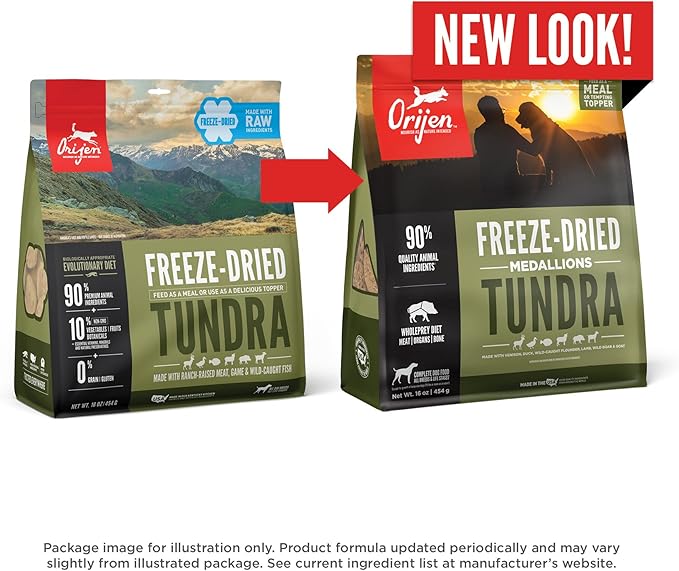 ORIJEN Grain Free High Protein Freeze Dried Dog Food & Topper Tundra Recipe 16oz Bag