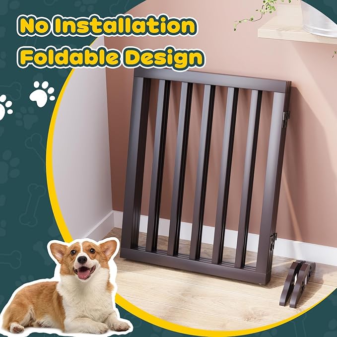 Semiocthome Free Standing Pet Gates for Dog Indoor, 3-Panel Puppy Gates for The House with 2PCS Support Feet, 24“(H) Folding Dog Gate for Stairs Expands Up to 55" (W) No Installation Resquired- Brown