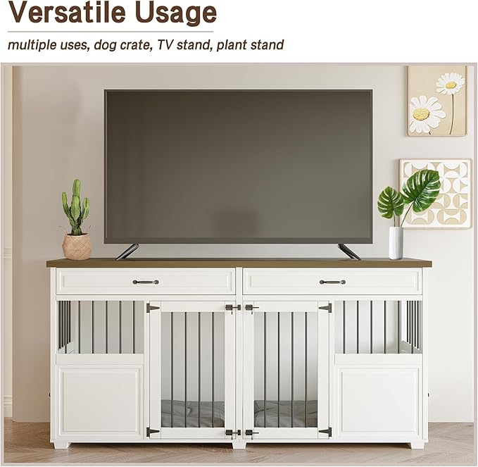 Dog Crate Furniture - Indoor Wood Dog Kennel Furniture 4 Doors with Divider and 2 Drawers - 72" L x 23.6" W x 34.8" H, White